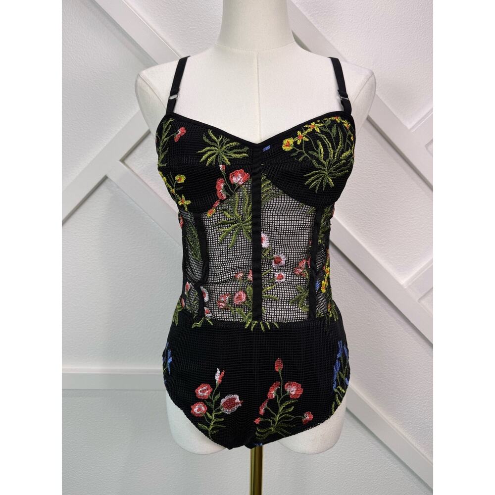 Allen Schwartz Embroidered Floral Mesh Corset Bodysuit Black Size 4 Sheer - Picture 2 of 9